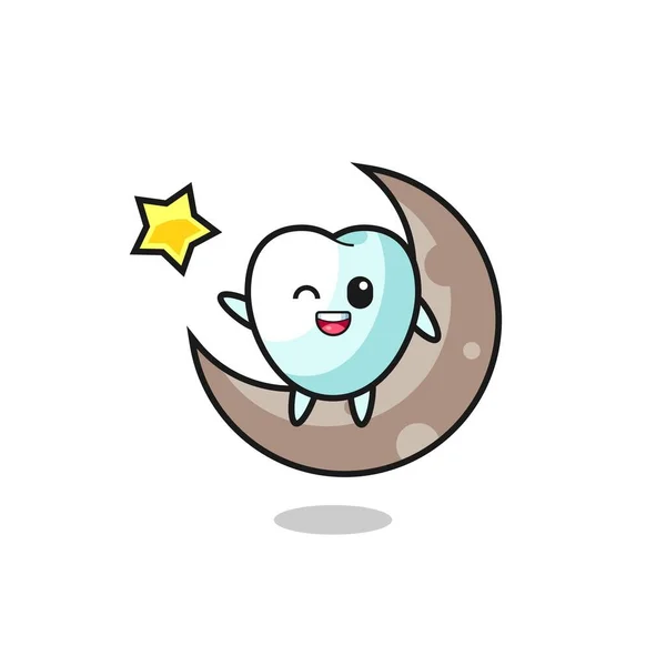 Illustration Tooth Cartoon Sitting Half Moon Cute Design — Διανυσματικό Αρχείο