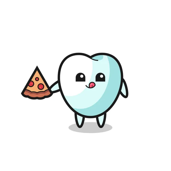 Cute Tooth Cartoon Eating Pizza Cute Design — Stock vektor