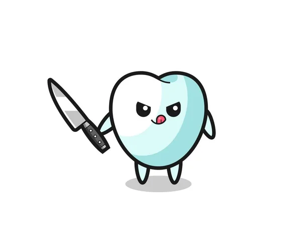 Cute Tooth Mascot Psychopath Holding Knife Cute Design — 스톡 벡터