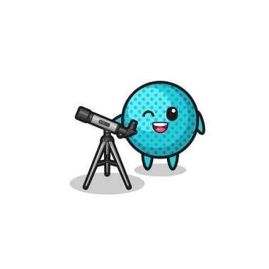 Dikenli top astronom maskotu, modern bir teleskop, şirin bir tasarım.