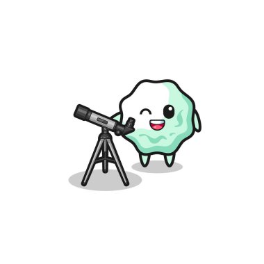 Modern bir teleskopu olan sakız astronom maskotu, şirin bir tasarım.