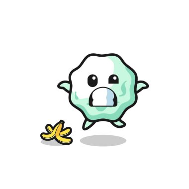 Sakız karikatürü muz kabuğuna basıyor, şirin bir tasarım.