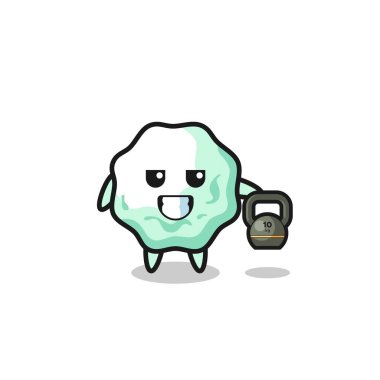 Spor salonunda sakız maskotu, kettlebell kaldırma, şirin tasarım.