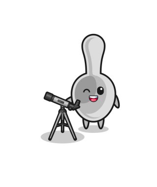 Modern teleskoplu kaşık astronom maskotu, şirin bir tasarım.