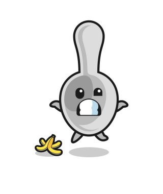 Kaşık çizgi filmi muz kabuğunda kayar, şirin bir tasarım.