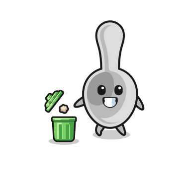 Çöp tenekesine çöp atan kaşığın çizimi, şirin bir tasarım.