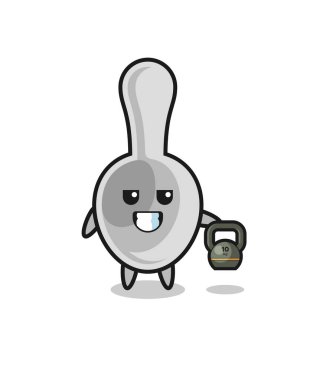 Kaşık maskotu spor salonunda kettlebell kaldırıyor, şirin bir tasarım.