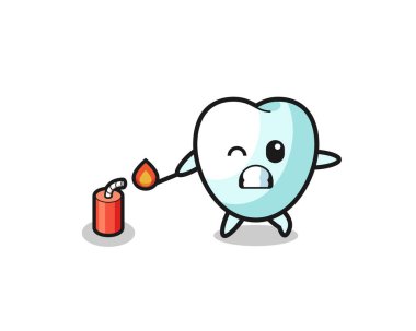 Diş maskotu illüstrasyonu kestane fişeği oynuyor, şirin tasarım.