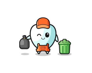 Çöp toplayıcısı olarak sevimli dişlerin maskotu, şirin tasarım.