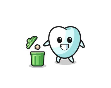 Çöp kutusuna çöp atan dişin çizimi, şirin bir tasarım.