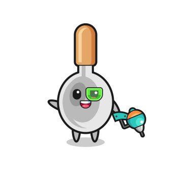 Geleceğin savaşçı maskotu olarak yemek kaşığı çizgi filmi, şirin tasarım.