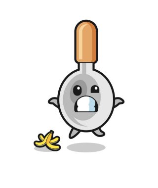 Yemek kaşığı çizgi filmi muz kabuğunda kayar, şirin bir tasarım.