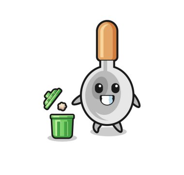 Çöp tenekesine çöp atan yemek kaşığının çizimi, şirin bir tasarım.