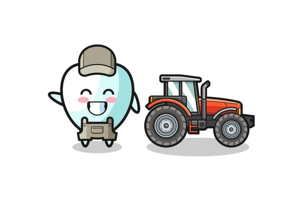 Zub Farmář Maskot Stojící Vedle Traktoru Roztomilý Design — Stockový vektor