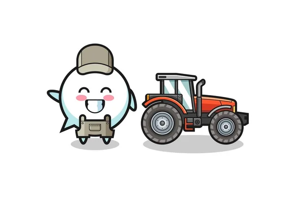 Die Sprechblase Bauernmaskottchen Neben Einem Traktor Niedliches Design — Stockvektor