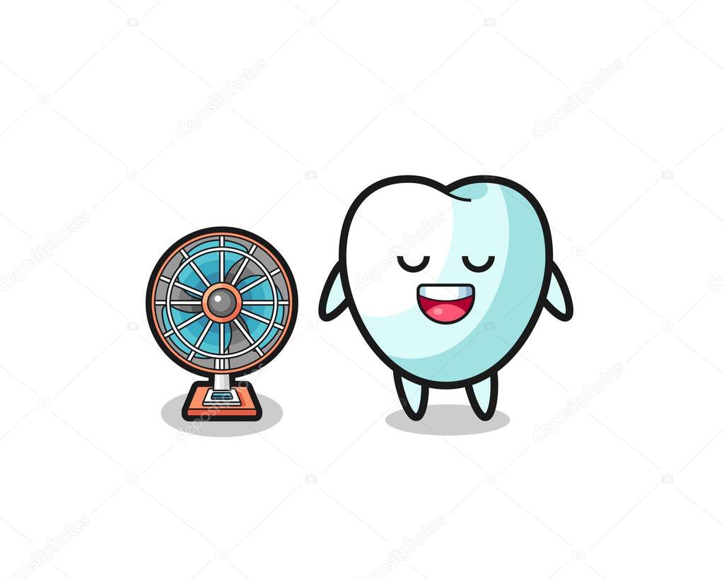 cute tooth is standing in front of the fan , cute design