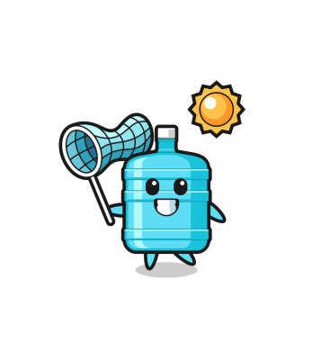 Bir galon su şişesi maskotu resmi kelebeği yakalıyor, şirin bir tasarım.