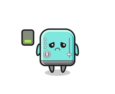 Tost makinesi maskotu yorgun bir jest yapıyor, şirin bir tasarım.