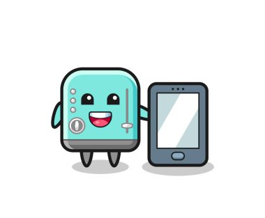Akıllı bir telefon taşıyan tost makinesi çizimi, şirin bir tasarım.