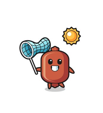 Sosis maskotu illüstrasyonu kelebeği yakalıyor, şirin tasarım.