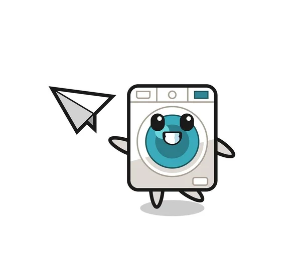 Waschmaschine Cartoon Figur Wirft Papier Flugzeug Niedliches Design — Stockvektor