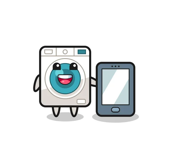 Waschmaschinenillustration Cartoon Mit Smartphone Niedliches Design — Stockvektor