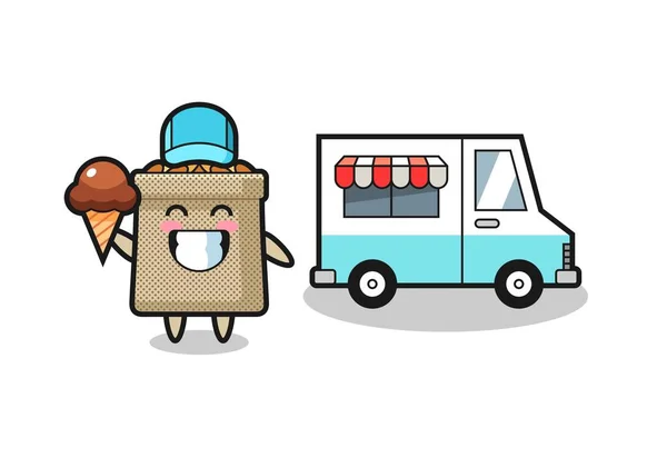 Mascota Dibujos Animados Saco Trigo Con Camión Helados Lindo Diseño — Vector de stock