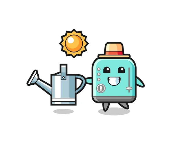 湯沸かし缶を保持するトースターの漫画のキャラクター かわいいデザイン — ストックベクタ