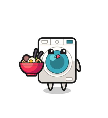 Sevimli çamaşır makinesi karakteri erişte yiyor, şirin tasarım.