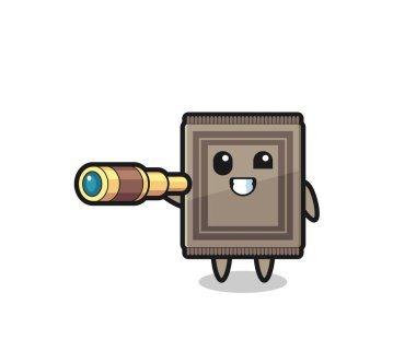 Sevimli halı karakteri eski bir teleskop tutuyor, şirin bir tasarım.