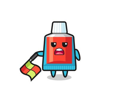 Çizgi hakemi olarak diş macunu karakteri bayrağı 45 derecelik açıyla tutun, şirin tasarım