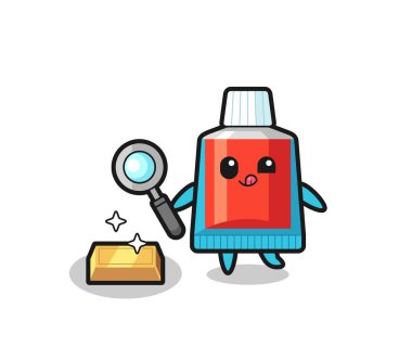 Diş macunu karakteri altın külçesinin orijinalliğini kontrol ediyor, şirin tasarım.