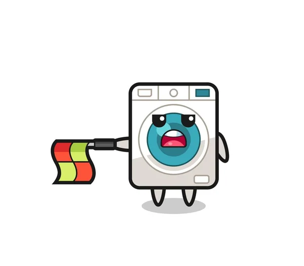 Çamaşır Makinesi Karakteri Çizgi Yargıcı Bayrağı Düz Tut Şirin Tasarım — Stok Vektör