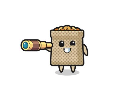 Şirin bir buğday çuvalı karakteri elinde eski bir teleskop tutuyor, şirin bir tasarım.