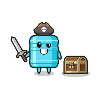 Bir galon su şişesi korsan karakteri bir hazine kutusunun yanında kılıç tutuyor, şirin bir tasarım.