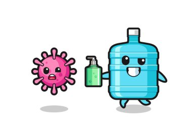 Bir galon su şişesi karakteri el dezenfektanı ile kötü virüsü kovalıyor, şirin bir tasarım.