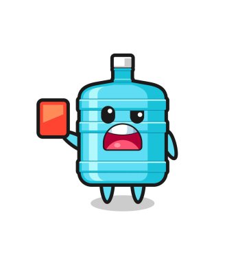 Bir galon su şişesi sevimli maskot hakem kırmızı kart veriyor, şirin tasarım.