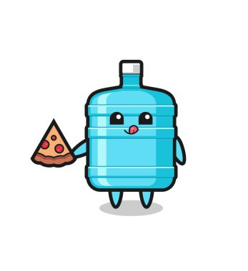 Tatlı bir galon su şişesi çizgi filmi pizza yiyor, şirin bir tasarım.