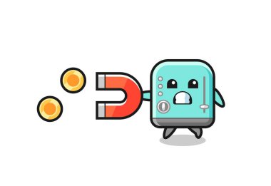 Tost makinesinin karakteri altın sikkeyi yakalamak için bir mıknatıs tutar.