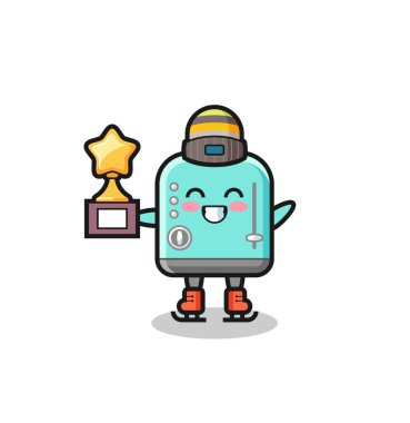 Bir buz patencisi olarak tost makinesi karikatürü. Kazanan kupayı aldı.