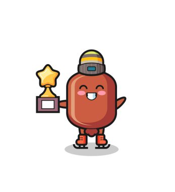 Bir buz patencisi olarak sosis karikatürü. Kazanan kupa.