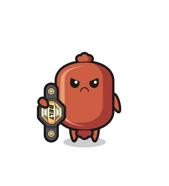 Sausage Mascot Character Mma Fighter Champion Bel — Stock Vector