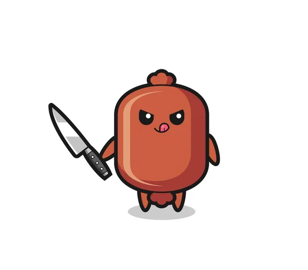 Cute Sausage Mascot Psychopath Holding Knif — Stock Vector