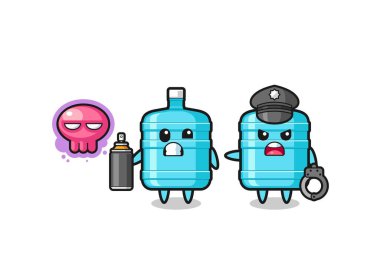 Bir galon su şişesi karikatürü vandalizm yapıyor ve polis tarafından yakalandı, şirin bir tasarım.