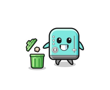 Çöp kutusuna çöp atan tost makinesinin resmi, şirin bir tasarım.