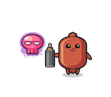 Sosis karikatürü sprey boyayla graffiti yapıyor, şirin bir tasarım.