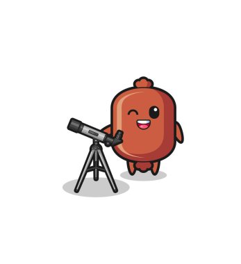 Modern teleskobu olan sosis astronom maskotu, şirin bir tasarım.