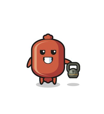 Sosis maskotu salonda kettlebell kaldırıyor, şirin bir tasarım.