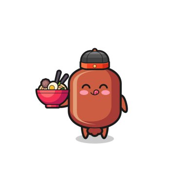 Çin şef maskotu olarak sosis elinde erişte kasesi, şirin bir tasarım.