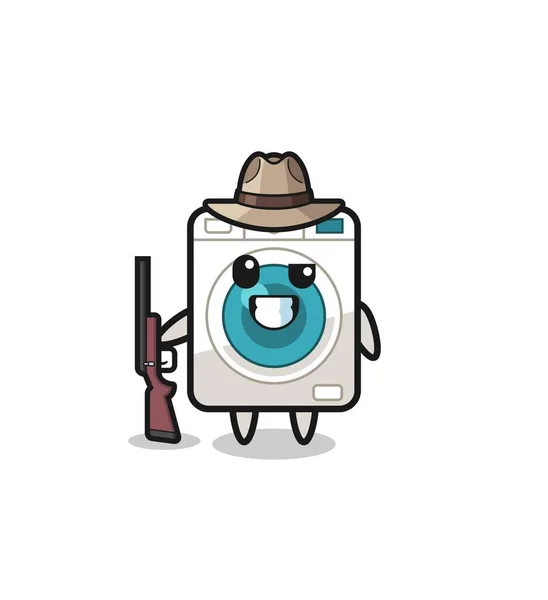 Washing Machine Hunter Mascot Holding Gun Cute Design — Stock Vector